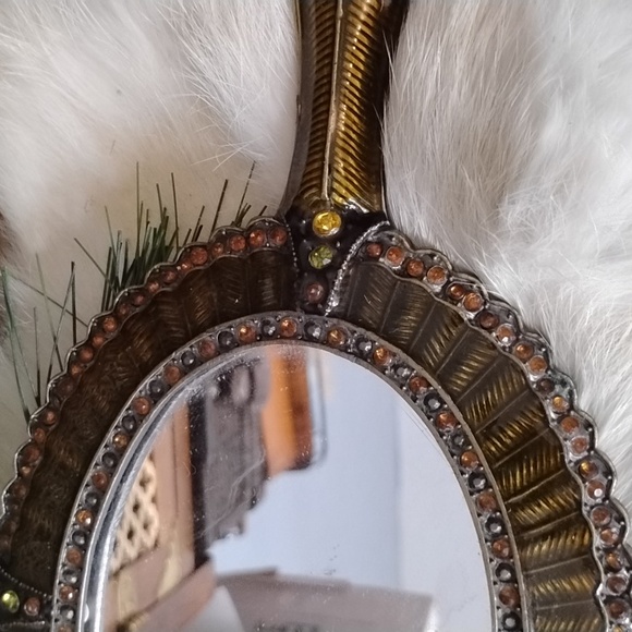 . Vintage Hand Held Mirror - Orange Brown Enameled w Rhinestones Vanity Mirror - Picture 3 of 9